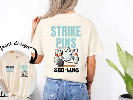 Halloween Bowling T-shirt, Custom Team Name Strike Lanes Boo-ling Ghost Sheet Design, Unisex Tee, Costume Party Shirt, Holiday Bowling Gift,